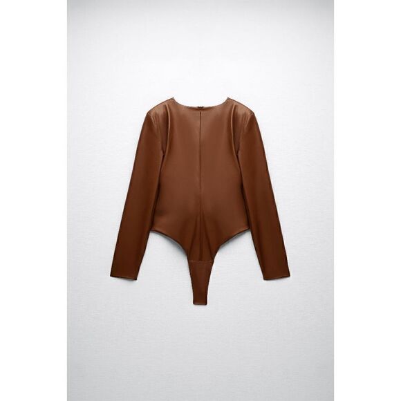 ZARA NWT SIZE MEDIUM FAUX LEATHER BODYSUIT BROWN, WINTER 2022 FAV! - Picture 7 of 8
